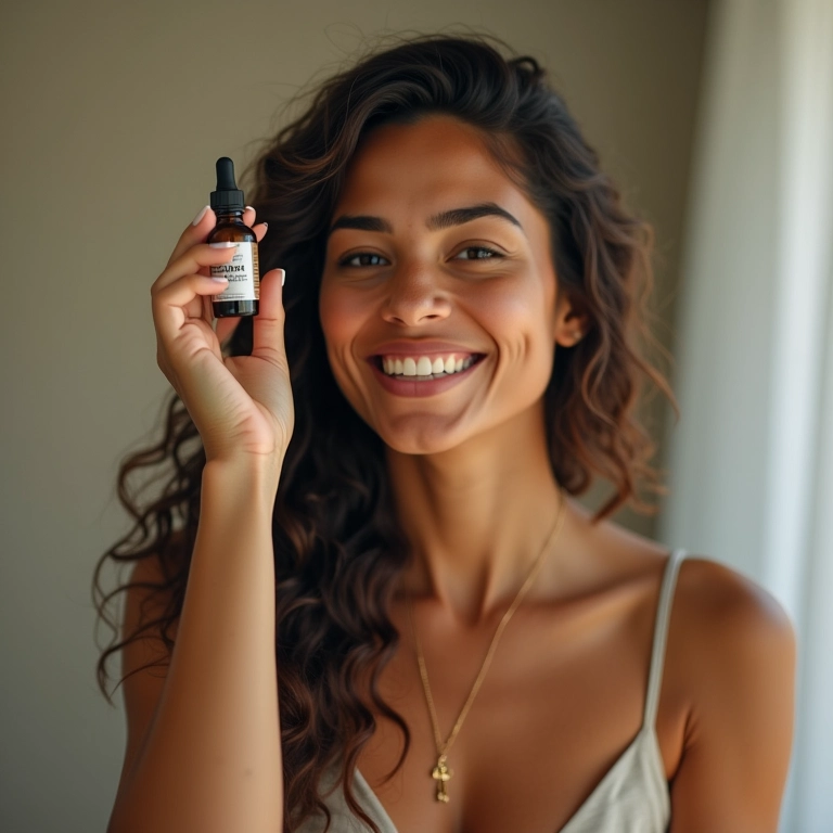 Mulher brasileira aplicando ampola capilar no banheiro, sorrindo.