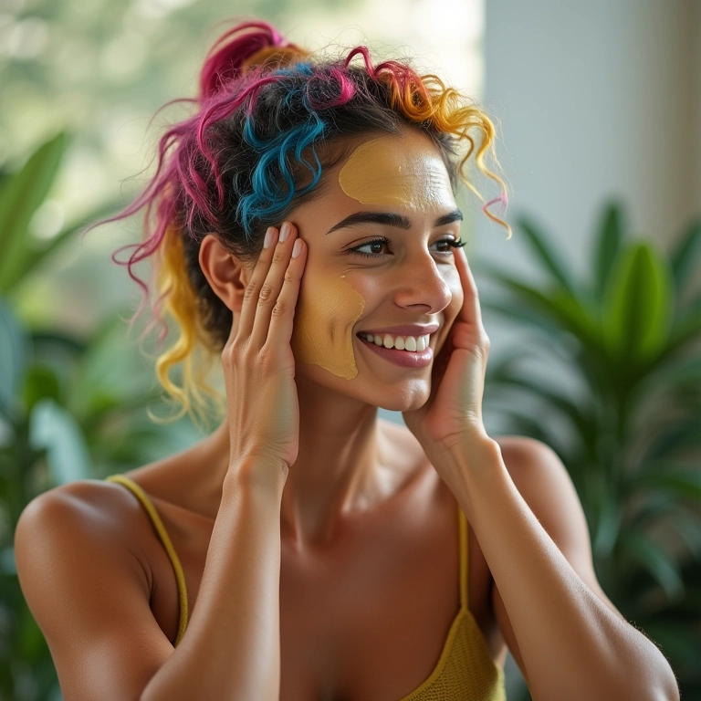Mulher brasileira aplicando máscara capilar em cabelo tingido.