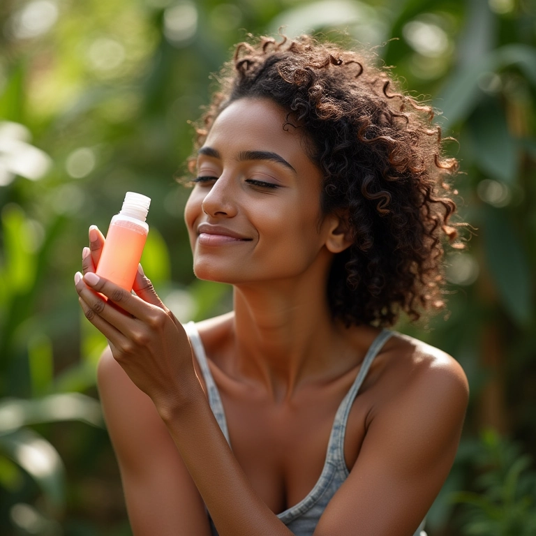Mulher brasileira aplicando sérum de silício orgânico, estimulando o crescimento capilar.