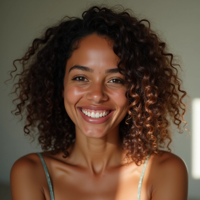 Mulher brasileira cacheada com corte assimétrico sorrindo.