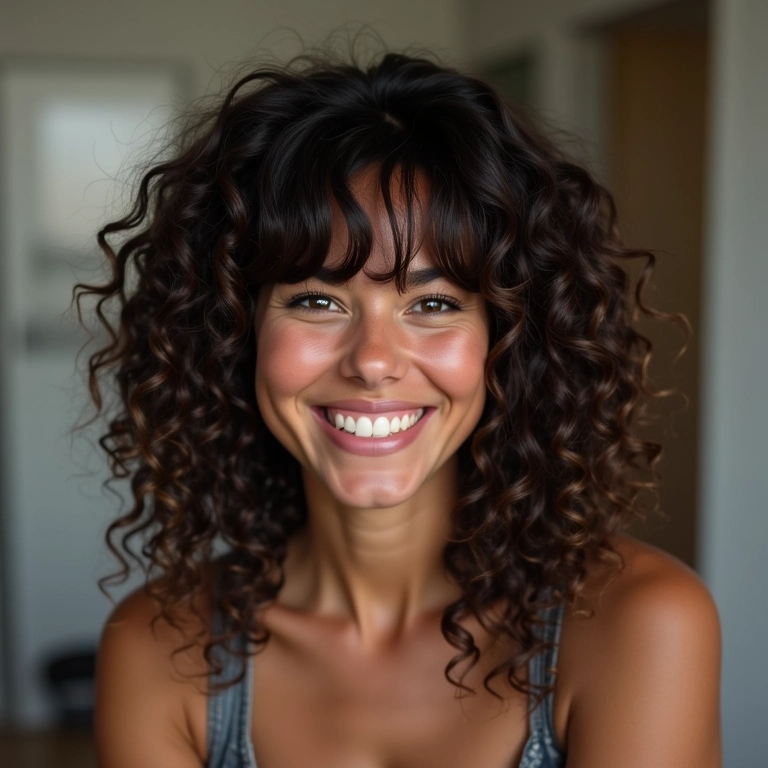 Mulher brasileira cacheada com franja sorrindo em casa moderna.