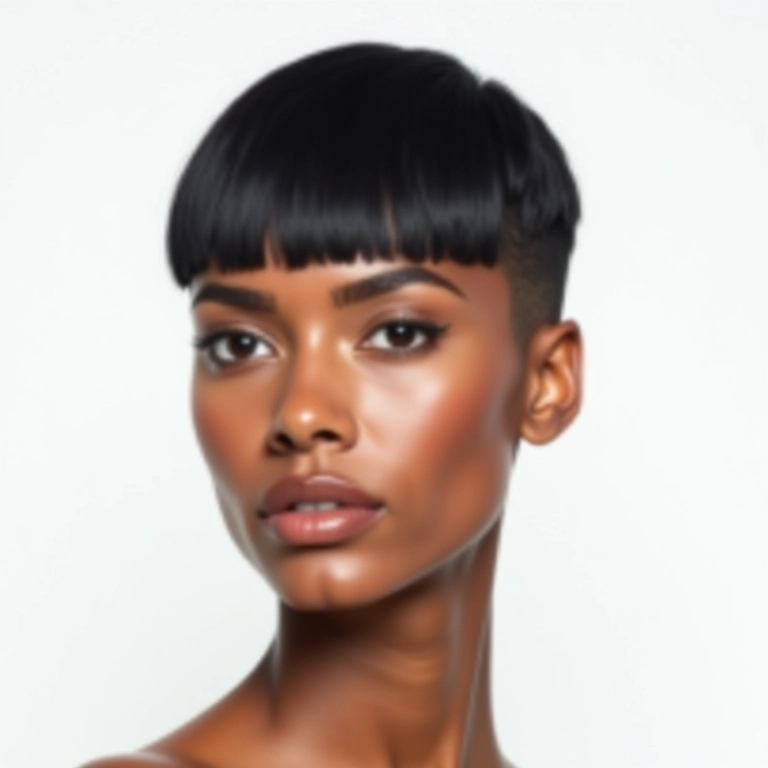 Mulher brasileira com blunt cut reto e moderno.
