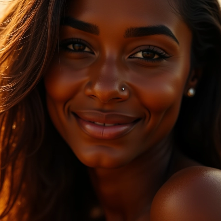 Mulher brasileira com cabelo brilhante e saudável, efeito de spray de brilho.
