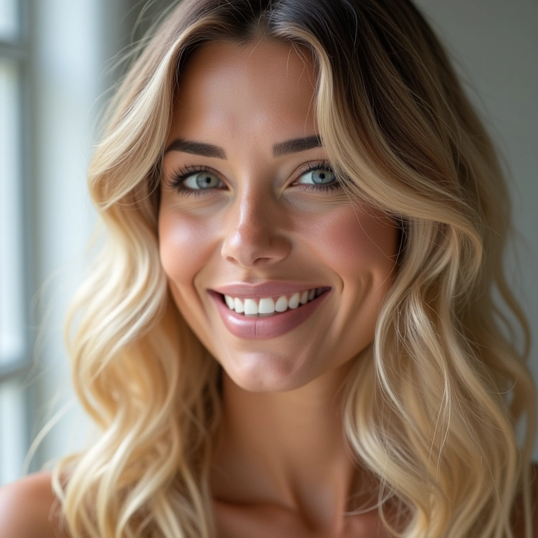 Mulher brasileira com cabelo em tons pastel, sorrindo suavemente sob luz natural.