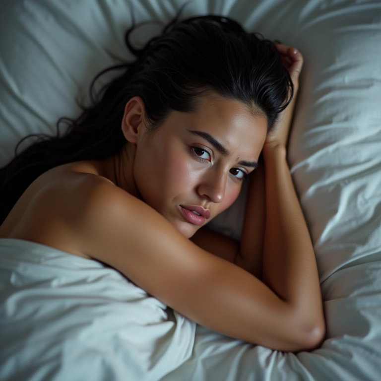 Mulher brasileira com cabelo molhado deitada na cama, parecendo desconfortável.