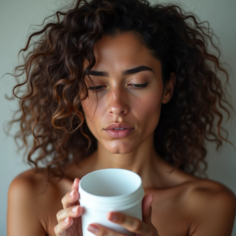 Mulher brasileira com cabelo seco e quebradiço, segurando embalagem vazia de máscara hidratante.