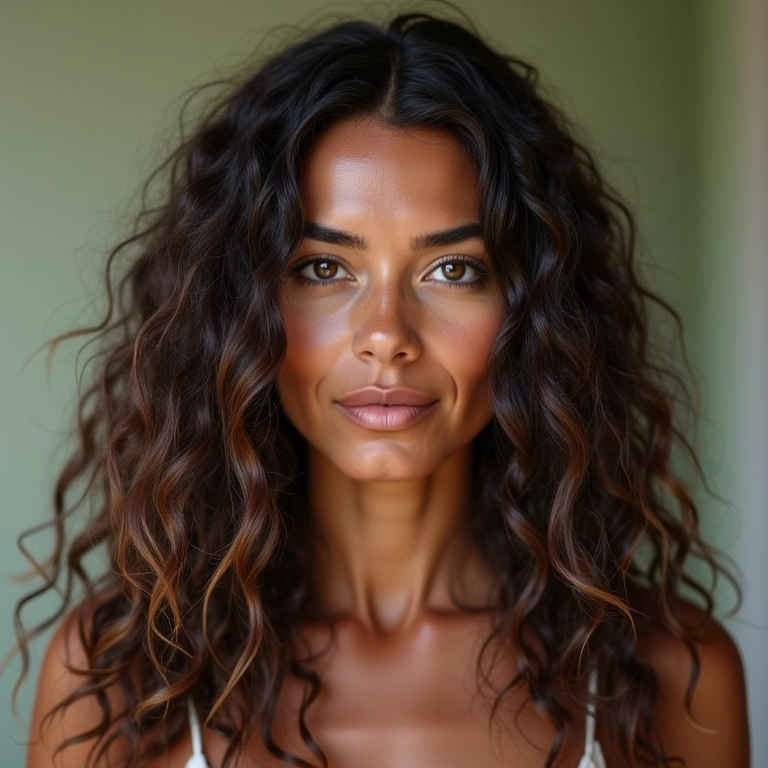 Mulher brasileira com cabelo volumoso e saudável, prevenindo a queda com silício orgânico.