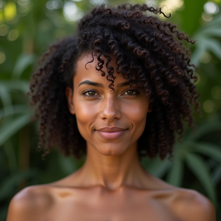 Mulher brasileira com cabelos cacheados e corte assimétrico.