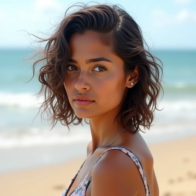 Mulher brasileira com cabelos finos e corte assimétrico com pontas desfiadas.