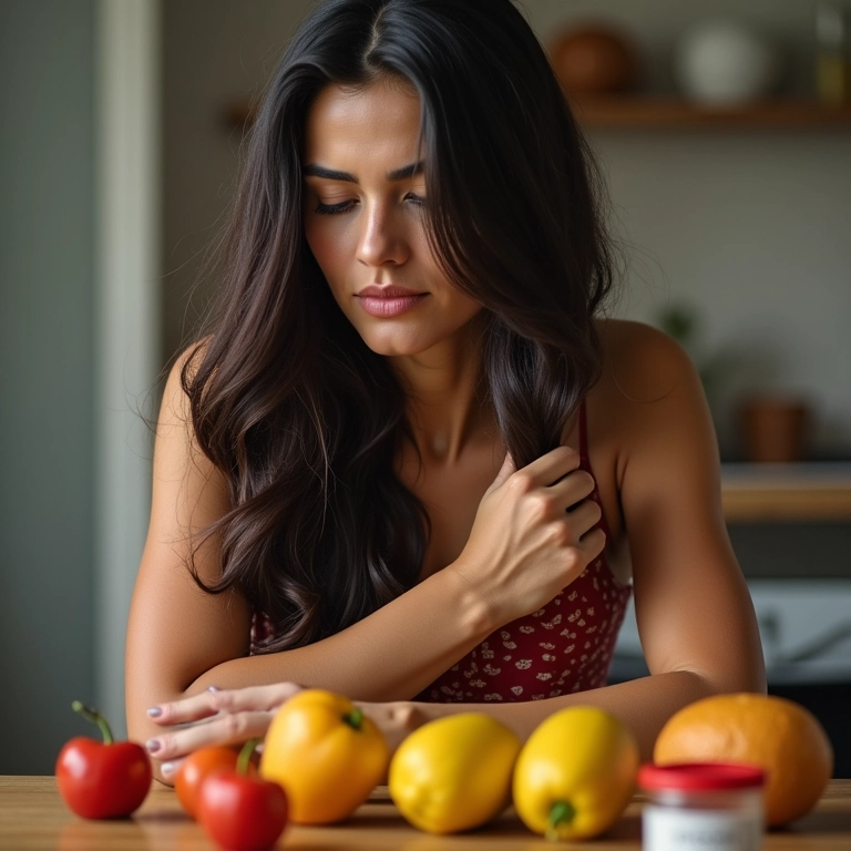 Mulher brasileira com comida não saudável na mesa, olhando para o cabelo seco no espelho.