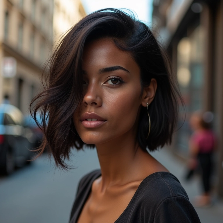 Mulher brasileira com corte assimétrico despojado.