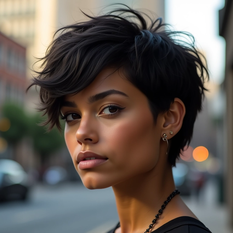 Mulher brasileira com corte bob curto desfiado, em cenário urbano.