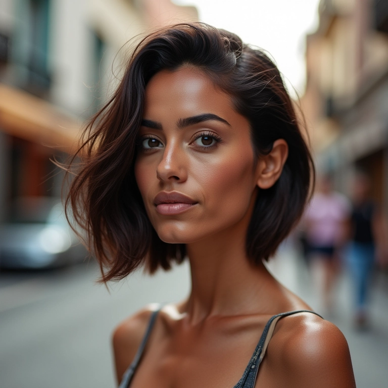 Mulher brasileira com corte bob moderno, iluminada naturalmente, mostrando a versatilidade do corte.