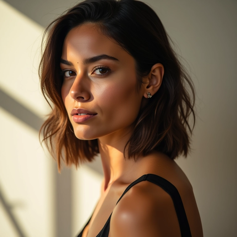Mulher brasileira com corte de cabelo degradê em V, iluminação natural.