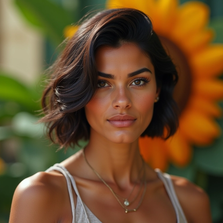 Mulher brasileira com corte de cabelo lateral moderno e estiloso.
