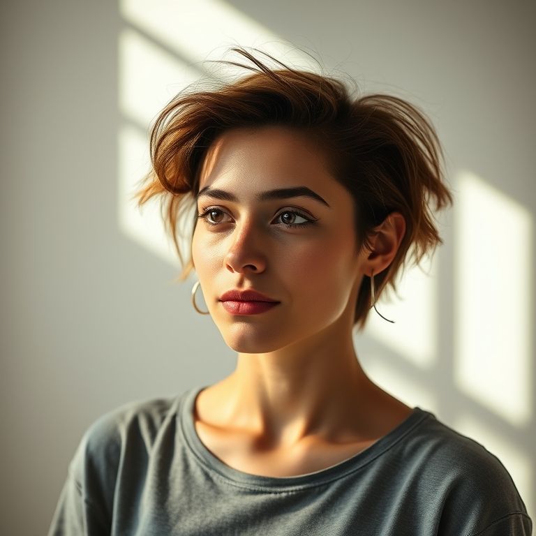 Mulher brasileira com corte de cabelo moderno e casual em estúdio ensolarado.