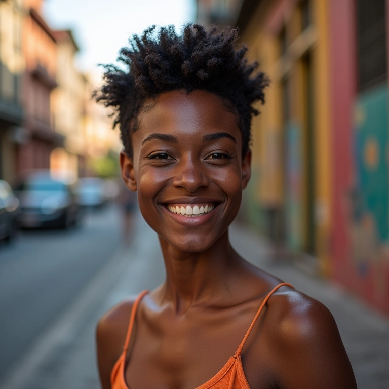 Mulher brasileira com corte de cabelo moderno e estiloso sorrindo confiantemente na cidade.