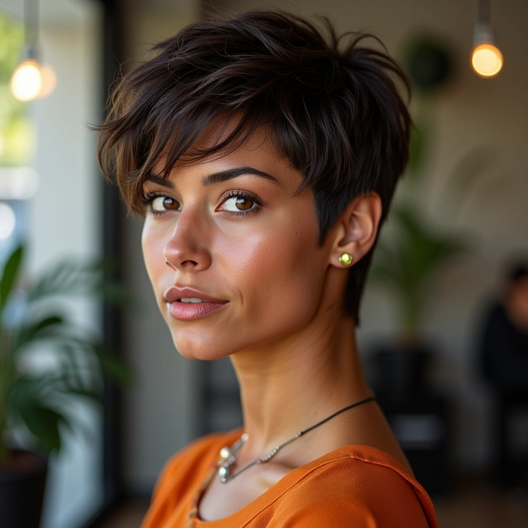 Mulher brasileira com corte de cabelo moderno em 2024, cores vibrantes, luz natural.
