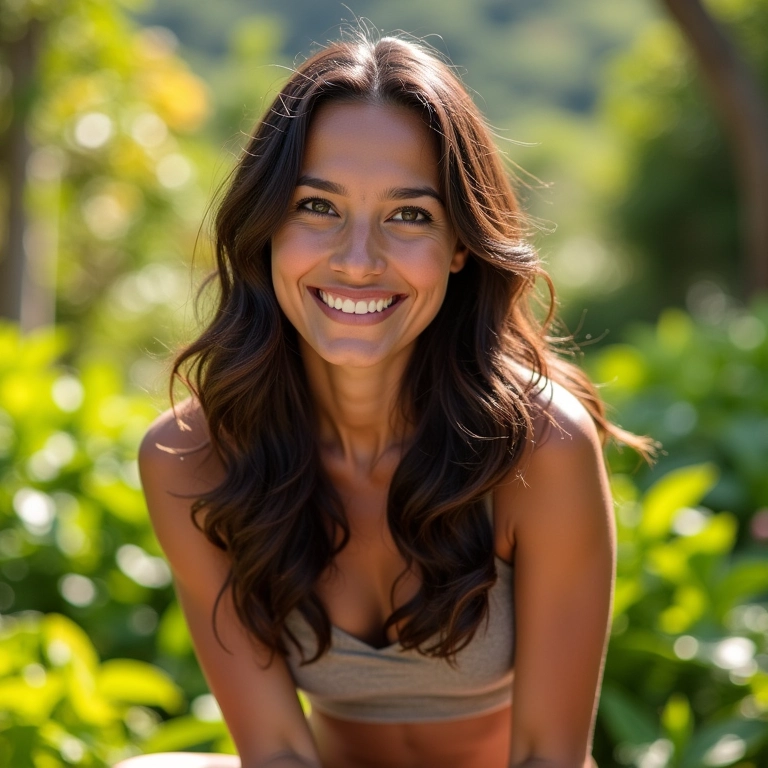 Mulher brasileira com corte em camadas sentada em jardim vibrante.