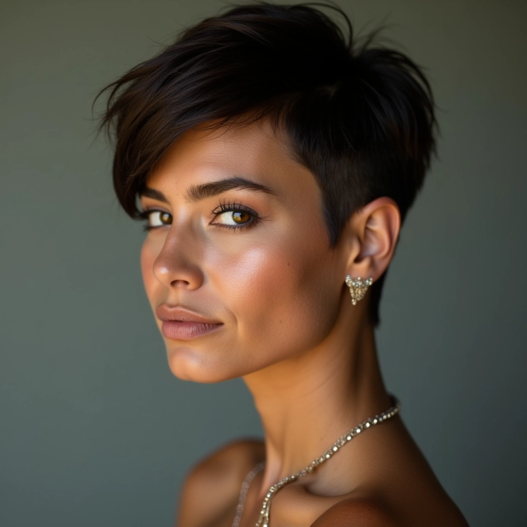 Mulher brasileira com corte pixie assimétrico.