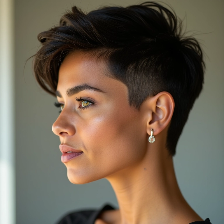 Mulher brasileira com corte pixie moderno.