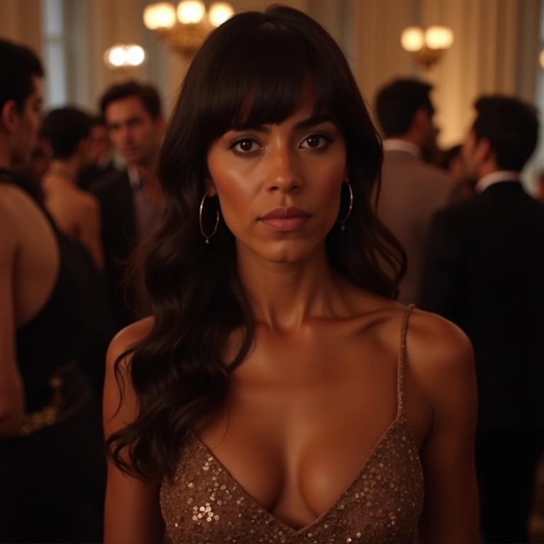 Mulher brasileira com franja lateral em festa elegante.