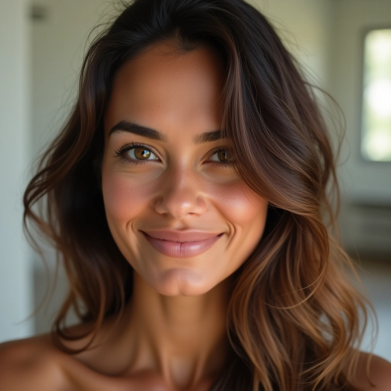 Mulher brasileira com franja lateral suave.
