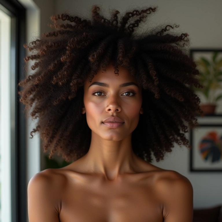Mulher brasileira com volume na raiz do cabelo em casa moderna.