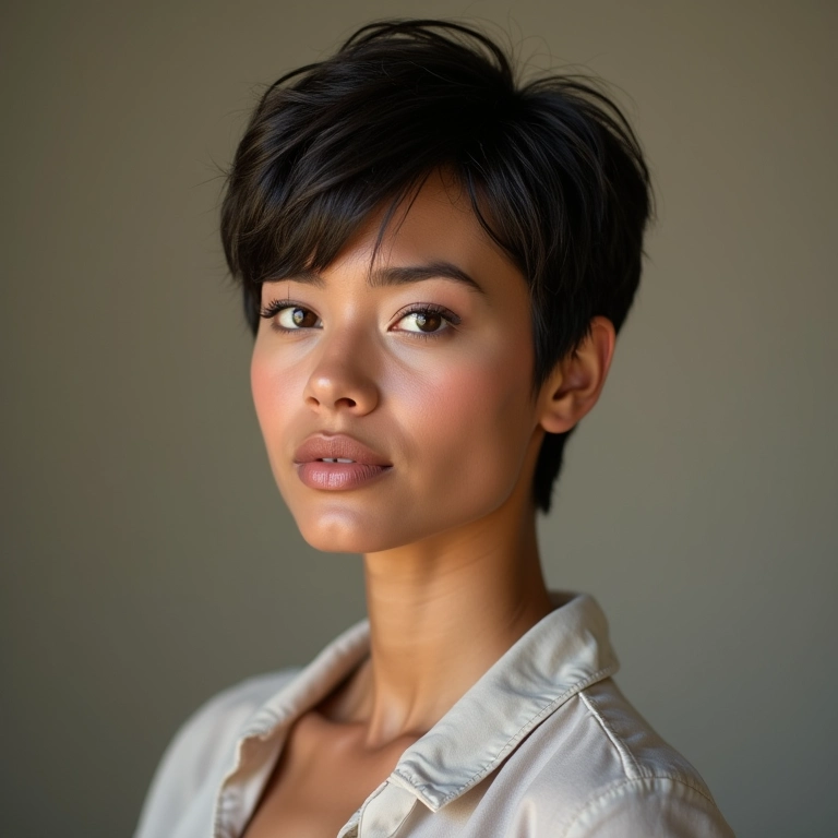 Mulher brasileira confiante com corte pixie moderno e estiloso.