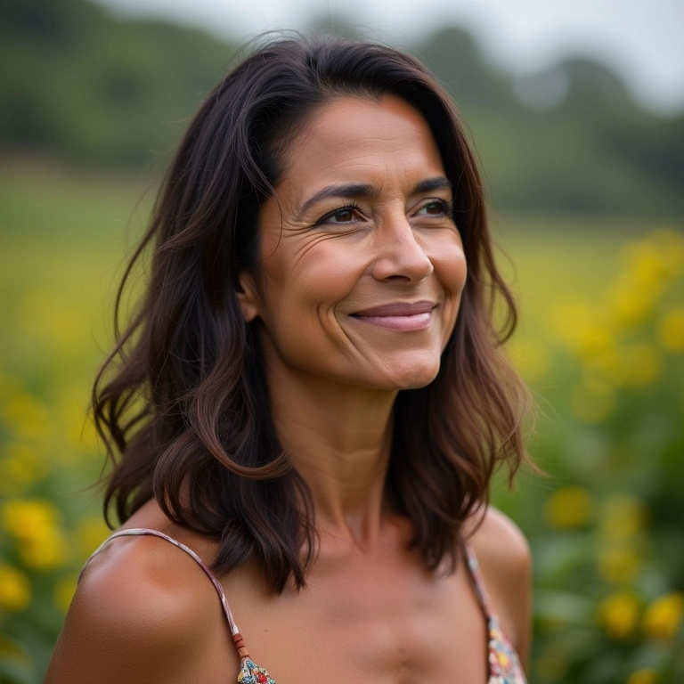 Mulher brasileira de meia-idade com long bob assimétrico em um ambiente aconchegante.