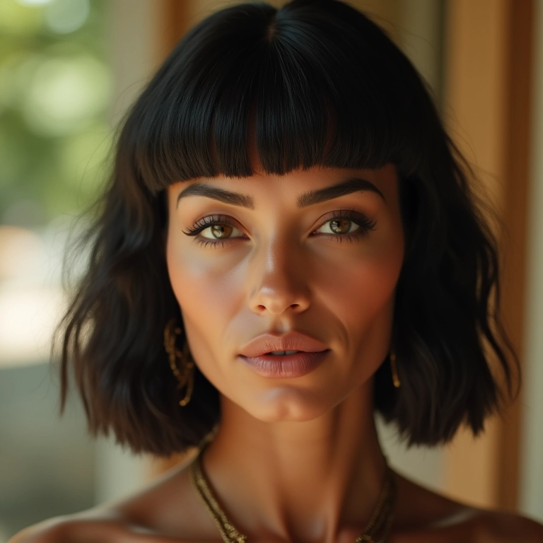 Mulher brasileira deslumbrante com corte Cleópatra moderno.