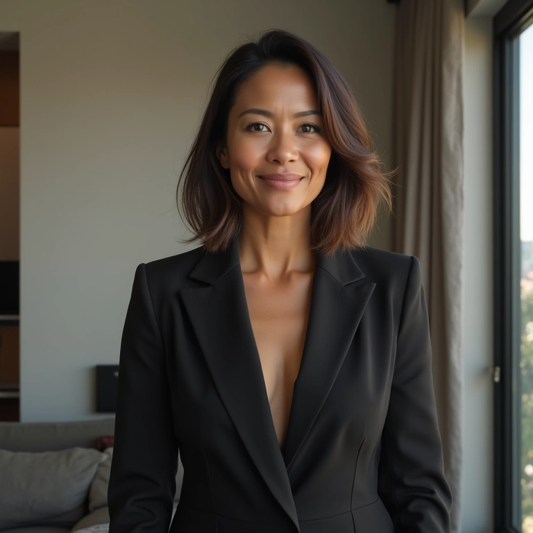 Mulher brasileira elegante com bob hair em apartamento moderno no Rio.