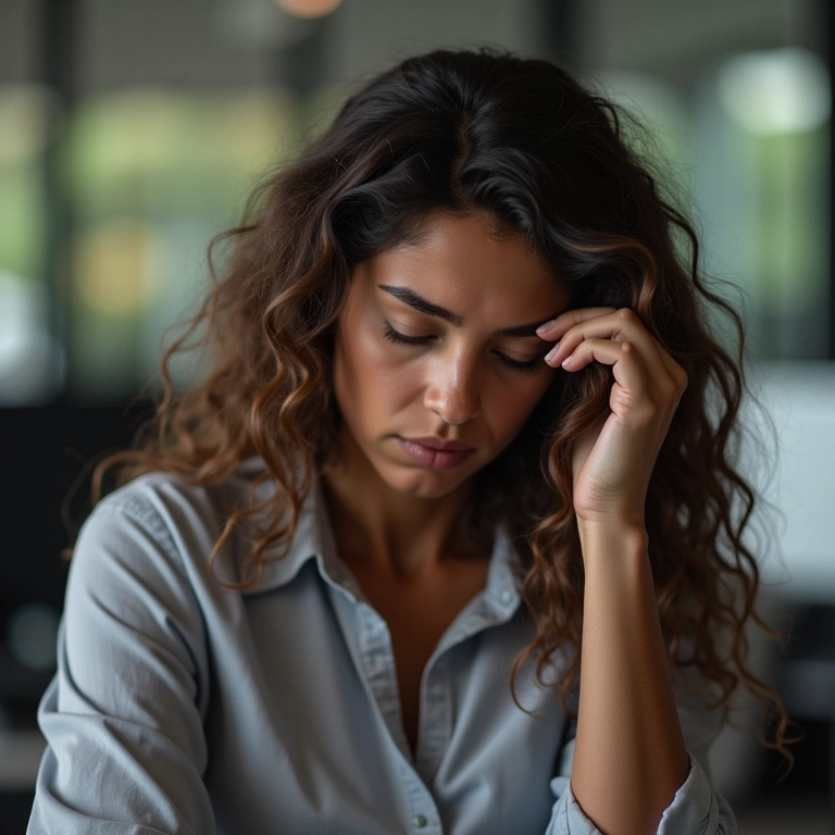 Mulher brasileira estressada no trabalho, tocando no cabelo danificado.