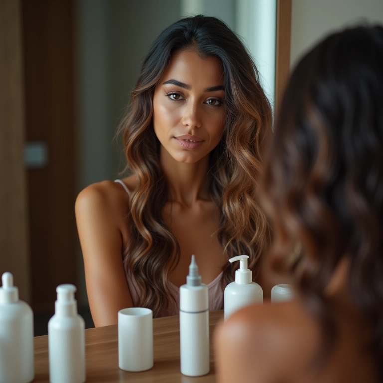 Mulher brasileira examinando pontas de cabelo danificadas após excesso de química.
