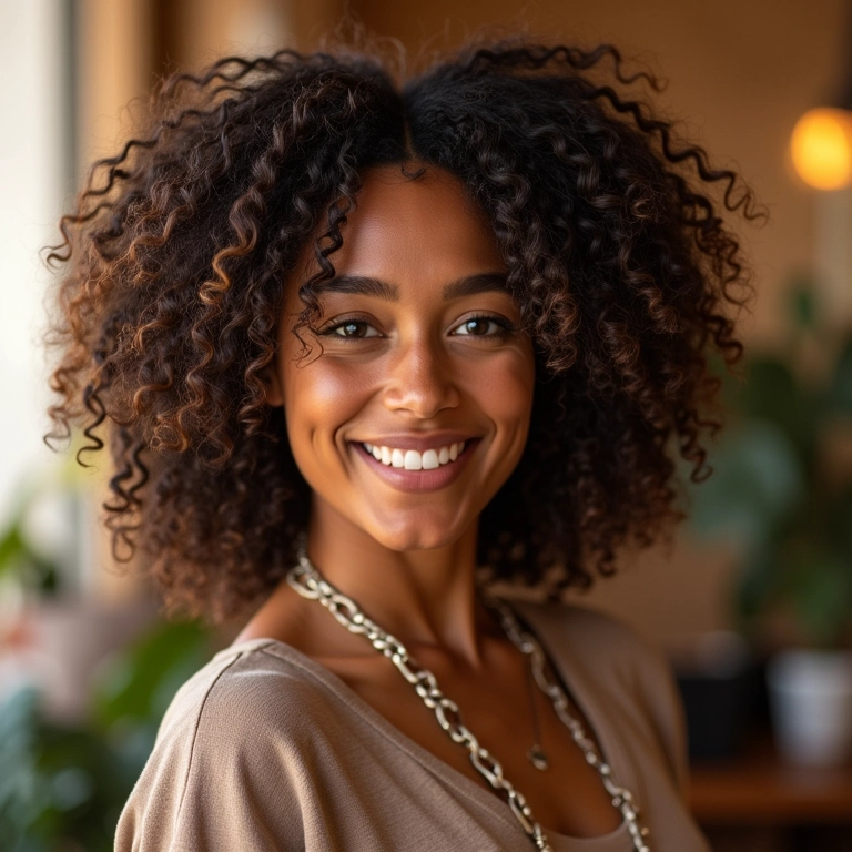 Mulher brasileira exibindo diversos cortes de cabelo estilosos em salão de beleza.
