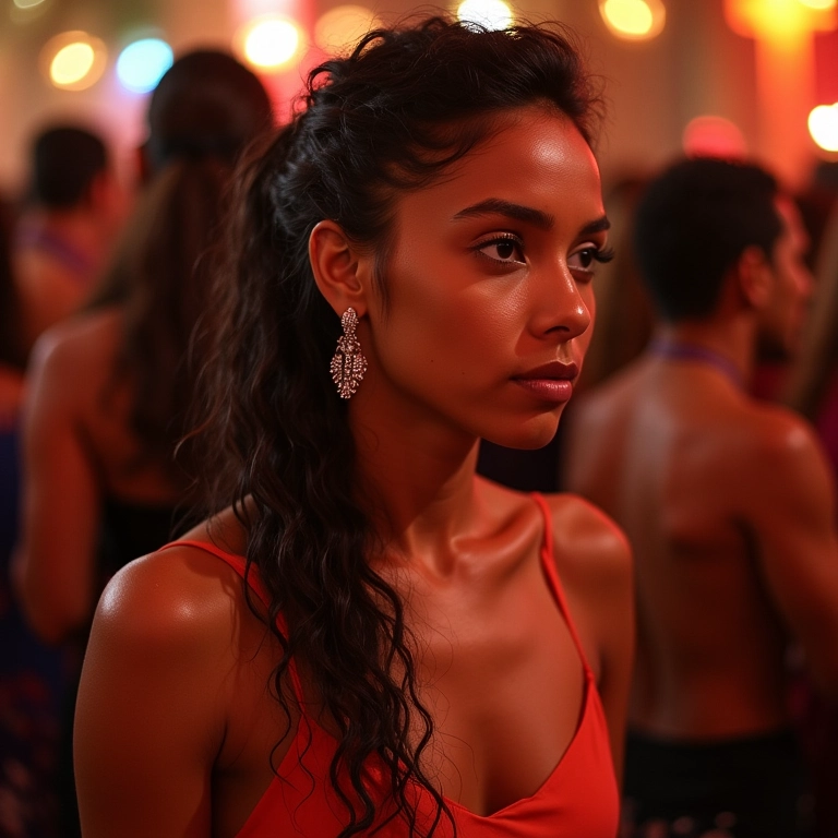Mulher brasileira exibindo diversos penteados em festa animada, com luz natural e elegância.