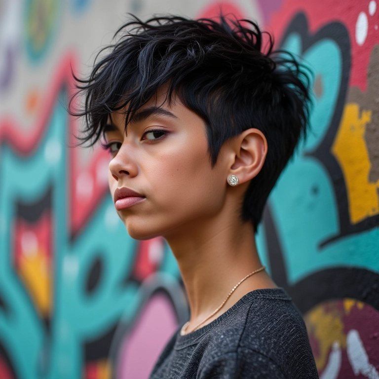 Mulher brasileira jovem com pixie cut ousado em frente a grafite colorido.
