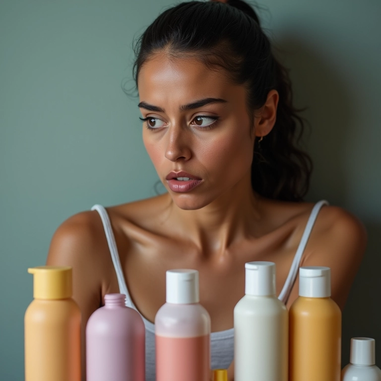 Mulher brasileira lendo rótulos de shampoos com expressão cética.