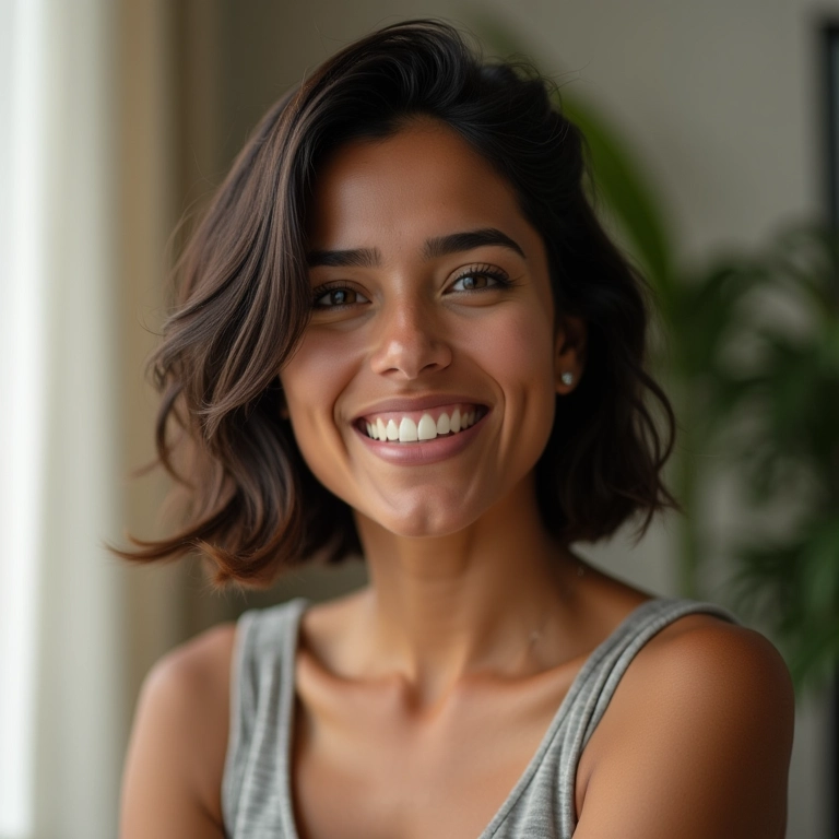 Mulher brasileira moderna com corte de cabelo assimétrico.