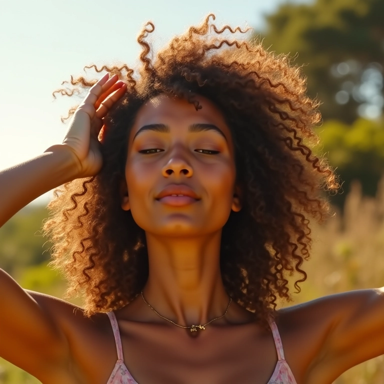Mulher brasileira protegendo o cabelo do sol e da poluição, com a proteção do silício orgânico.