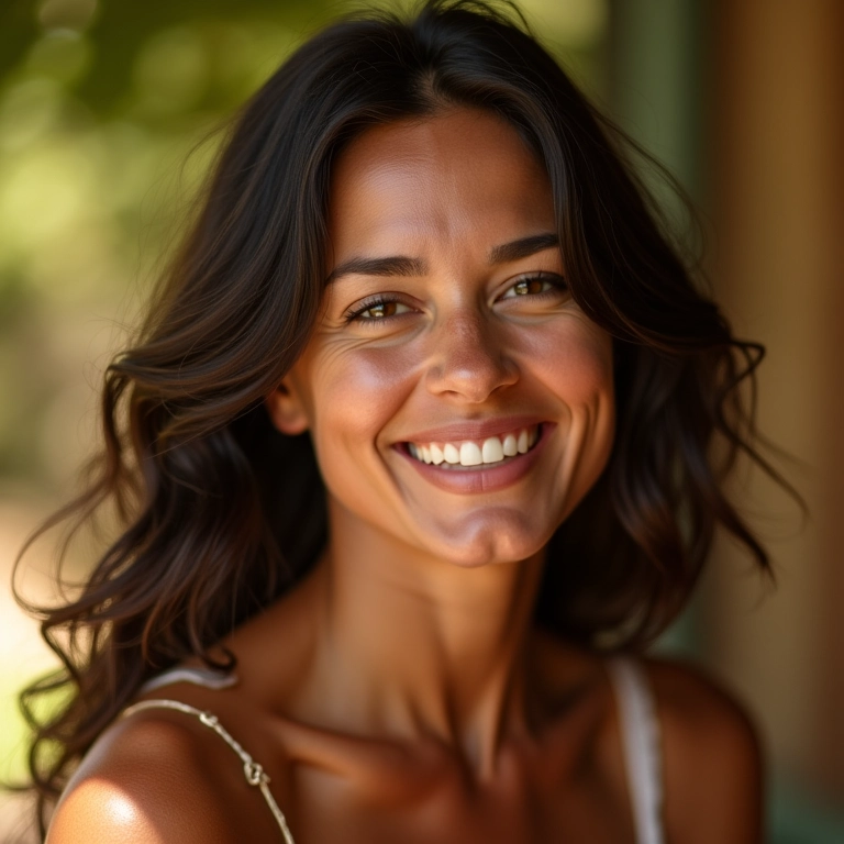 Mulher brasileira radiante com cabelo, pele e unhas saudáveis, demonstrando os benefícios do silício orgânico.