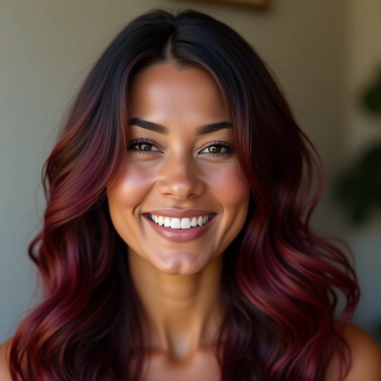 Mulher brasileira sorrindo com cabelo borgonha brilhante e saudável.