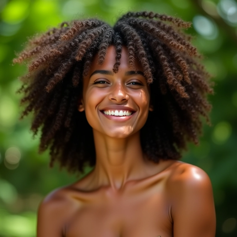 Mulher brasileira sorrindo com cabelo cacheado natural e saudável.