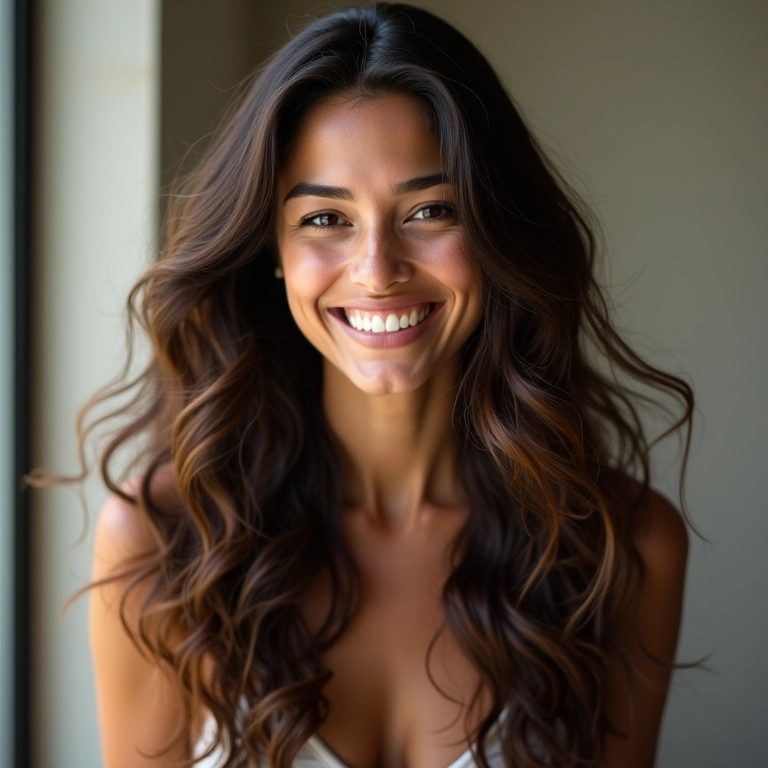 Mulher brasileira sorrindo com cabelo fino e corte que dá volume e movimento.