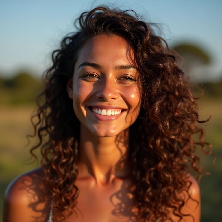 Mulher brasileira sorrindo com cabelo fino e volumoso.