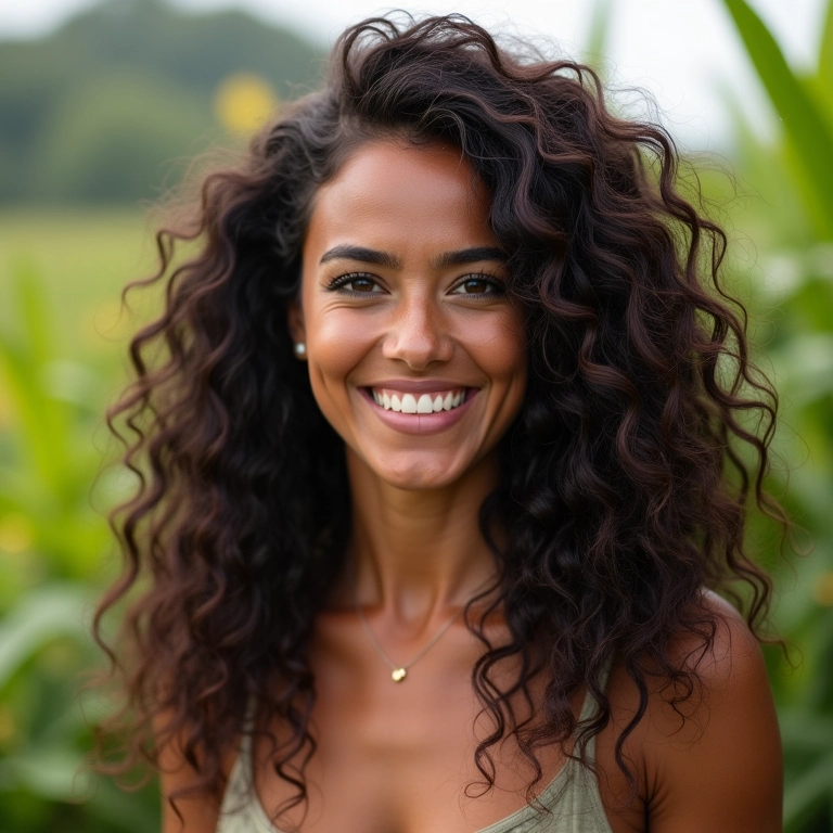 Mulher brasileira sorrindo com cabelo grosso e volumoso, saudável e bem cuidado.