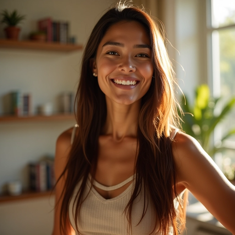 Mulher brasileira sorrindo com cabelo liso e saudável em apartamento ensolarado no Rio de Janeiro.
