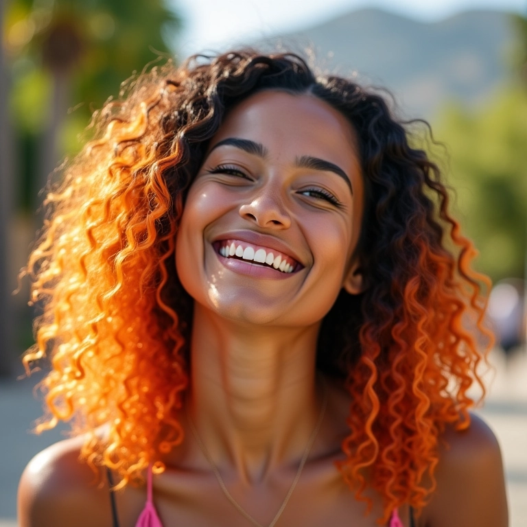 Mulher brasileira sorrindo com cabelo ombré vibrante em dia ensolarado.