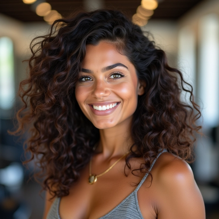 Mulher brasileira sorrindo com cabelo ondulado e volumoso após corte moderno.