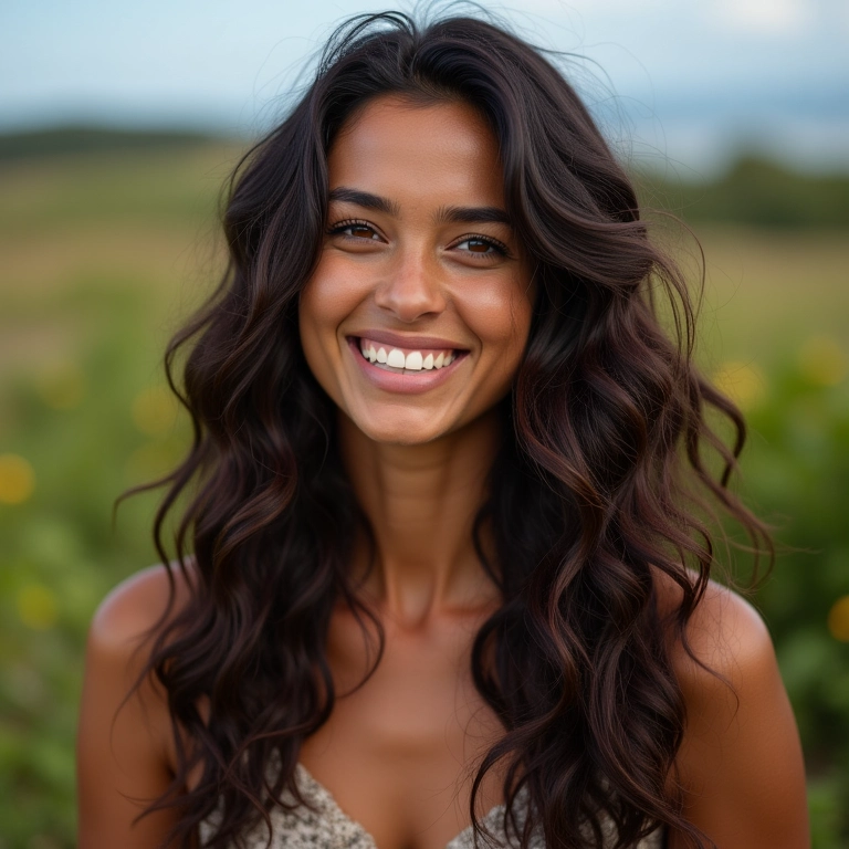 Mulher brasileira sorrindo com cabelo ondulado leve e solto.